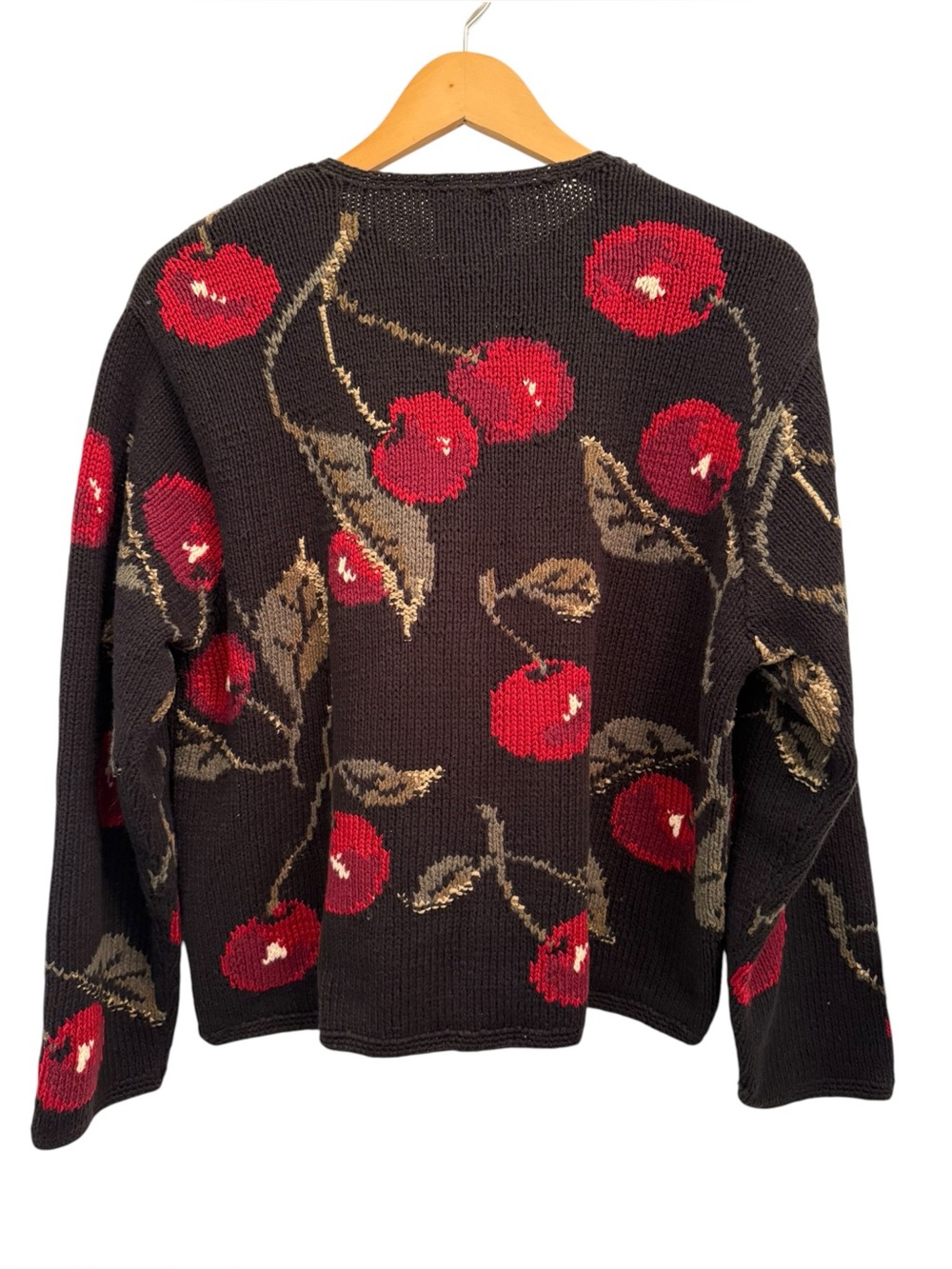 Vintage Talbots Chunk Knit Cardigan Sweater Black with Cherries Medium Petite - Picture 2 of 13